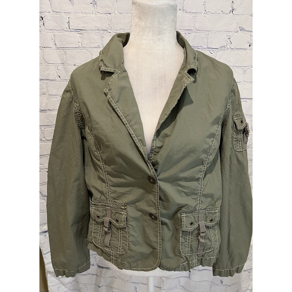 Chicos Chico’s Lightweight Army Green Ruched 2 Button Jacket Cotton 2 Large 12